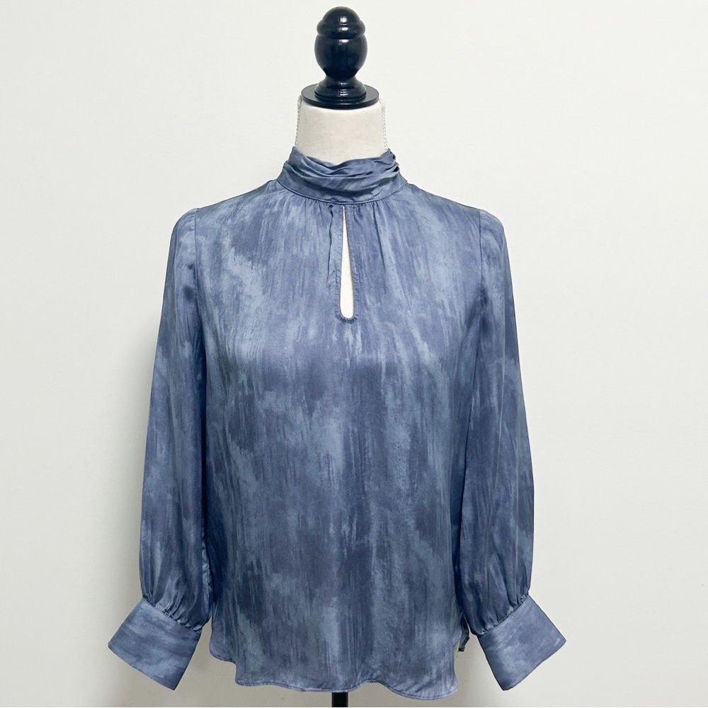 White House Black Market Satin High Mock Neck Keyhole Long Sleeve Blouse Petite